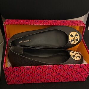 Tory Burch Black Flats with Gold Logo